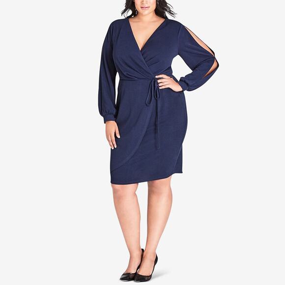 City Chic Dresses & Skirts - City Chic Navy Mia Long Split Sleeve Faux Wrap Dress